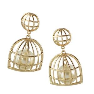 Gold Pearl Bird Cage Earrings